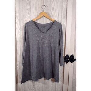 Catherines Top Womens 2X Gray V-Neck Casual Basic Blouse Stretch